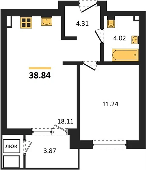 Квартира 1-комн. 38.84 кв. м