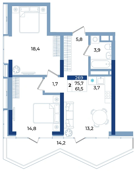 Апартаменты 2-комн. 75.7 кв.м