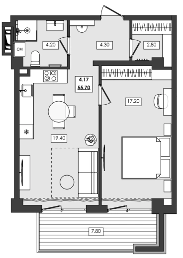Апартаменты 2-комн. 55.7 кв. м