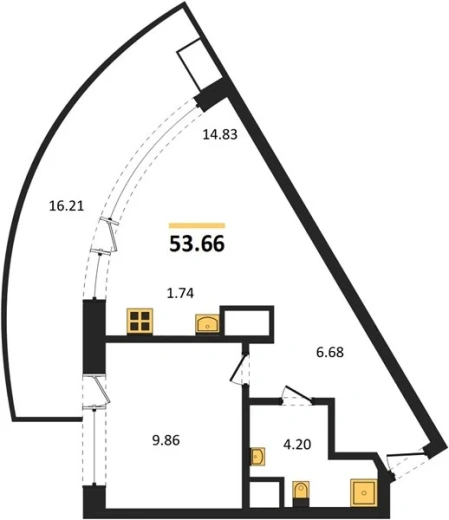 Апартаменты 1-комн. 53.66 кв. м