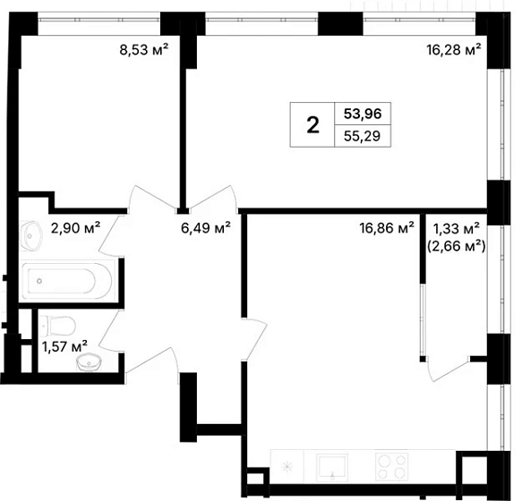 Квартира 2-комн. 55.29 кв. м