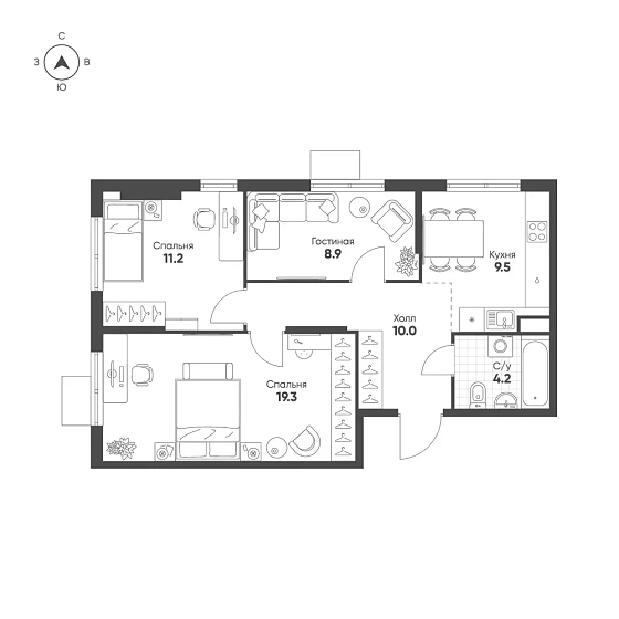 Квартира 3-комн. 63.1 кв. м