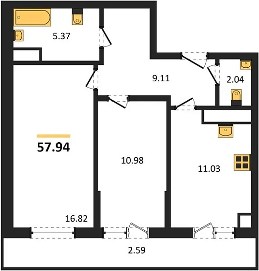 Квартира 2-комн. 57.94 кв. м