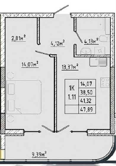 Квартира 1-комн. 41.32 кв. м
