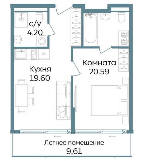 Апартаменты 2-комн. 54 кв. м