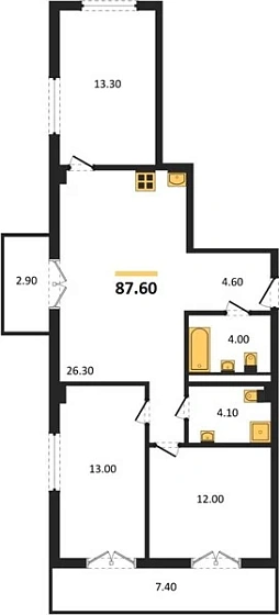 Квартира 3-комн. 87.6 кв. м