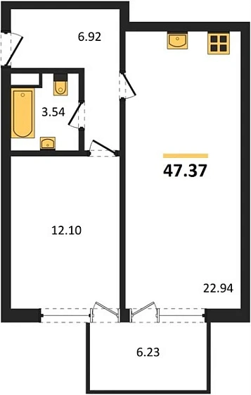 Квартира 1-комн. 47.37 кв. м