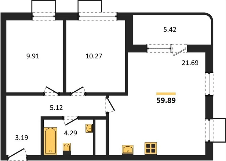 Квартира 2-комн. 59.89 кв. м