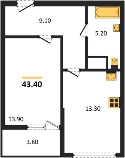 Квартира 1-комн. 43.4 кв. м