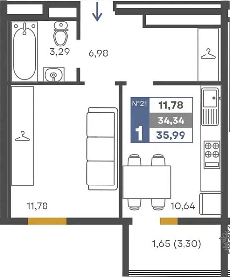 Квартира 1-комн. 34.34 кв. м