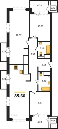 Квартира 3-комн. 85.6 кв. м