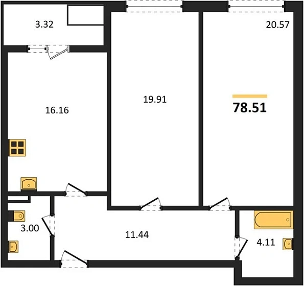 Квартира 2-комн. 78.51 кв. м