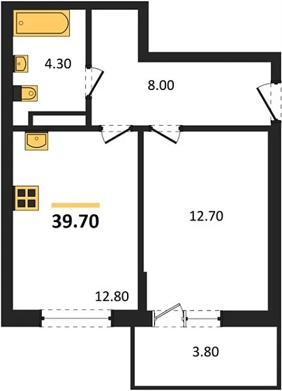 Квартира 1-комн. 39.7 кв. м