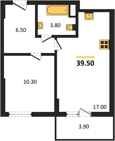 Квартира 1-комн. 39.5 кв. м