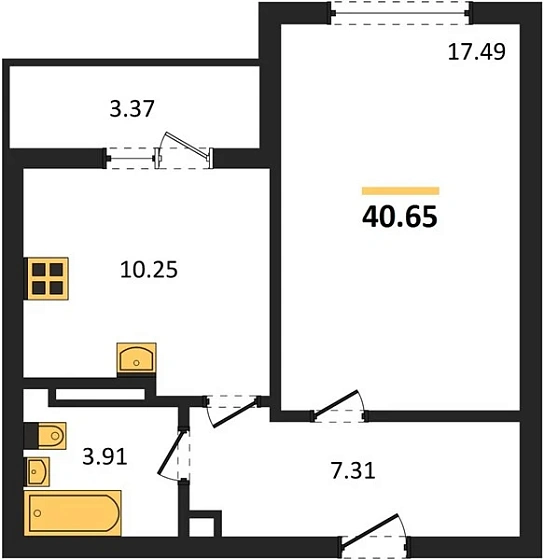 Квартира 1-комн. 40.65 кв. м