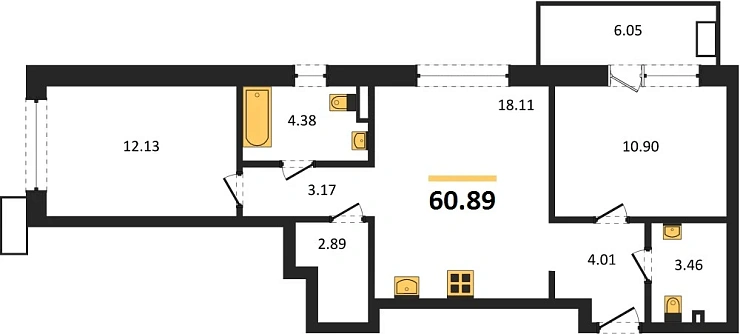Квартира 2-комн. 60.89 кв. м