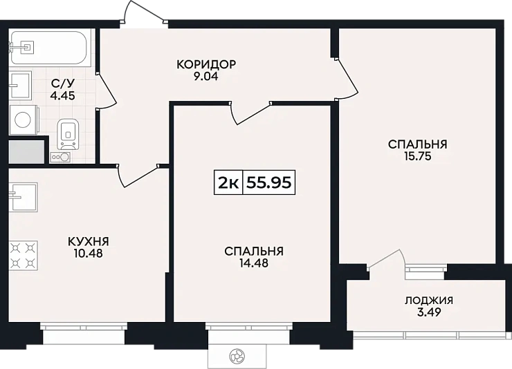 Квартира 2-комн. 55.95 кв. м