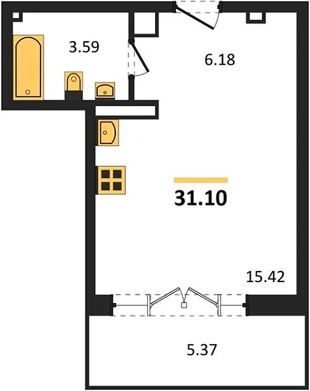 Квартира 1-комн. 31.1 кв. м