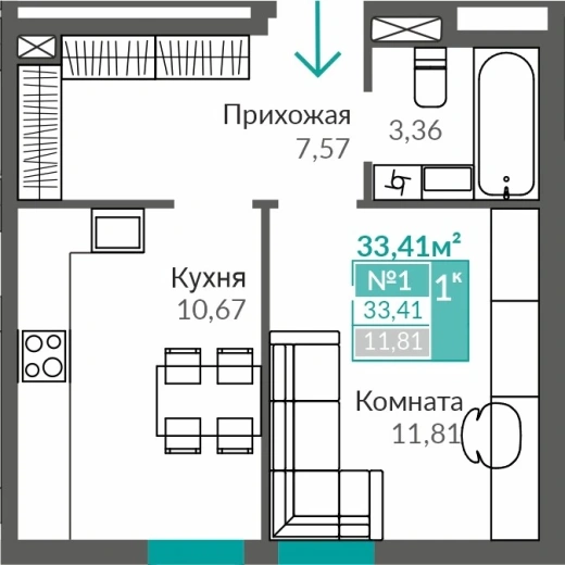 Квартира 1-комн. 33.41 кв.м