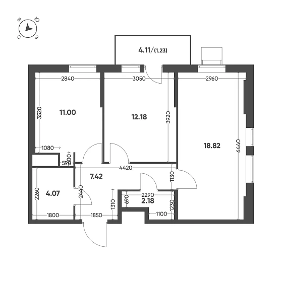 Квартира 2-комн. 56.9 кв. м