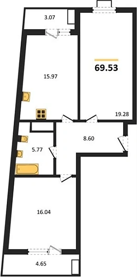 Квартира 2-комн. 69.53 кв. м