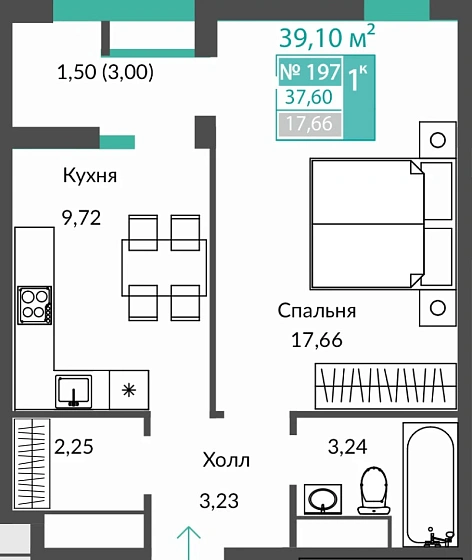 Квартира 1-комн. 37.6 кв.м