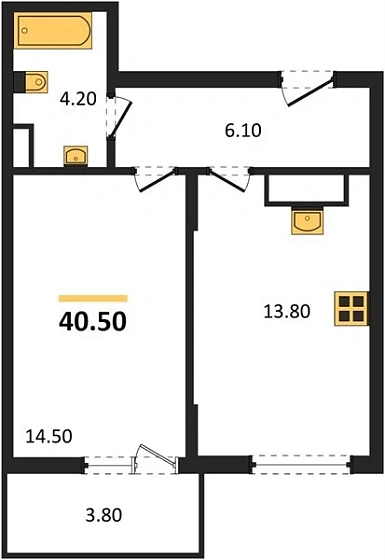 Квартира 1-комн. 40.5 кв. м