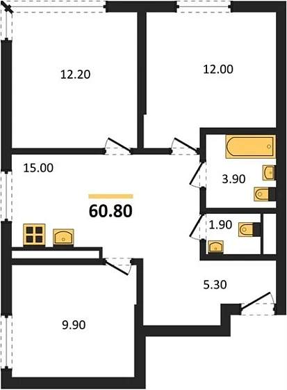 Квартира 3-комн. 60.8 кв. м