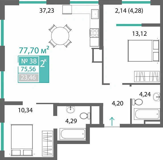 Квартира 2-комн. 75.56 кв.м