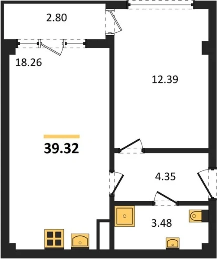 Квартира 1-комн. 39.32 кв. м