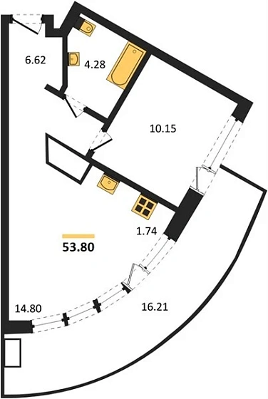 Апартаменты 1-комн. 53.8 кв. м