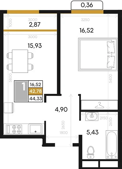 Квартира 1-комн. 44.33 кв. м
