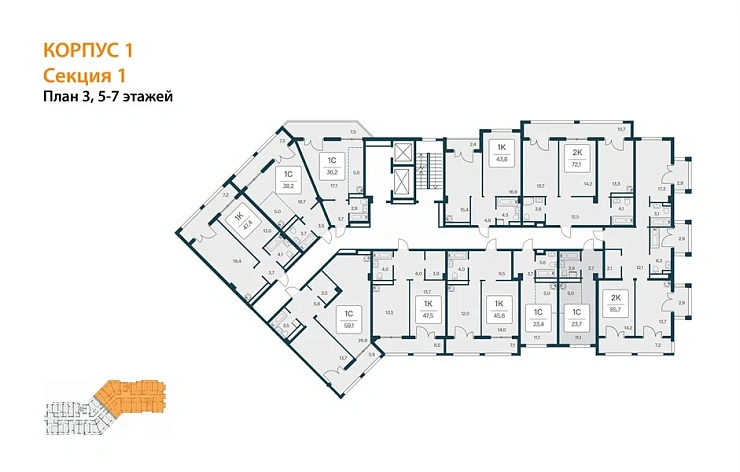 Квартира 1-комн. 43.8 кв. м