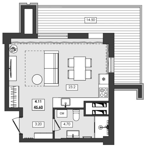 Апартаменты 1-комн. 45.6 кв. м