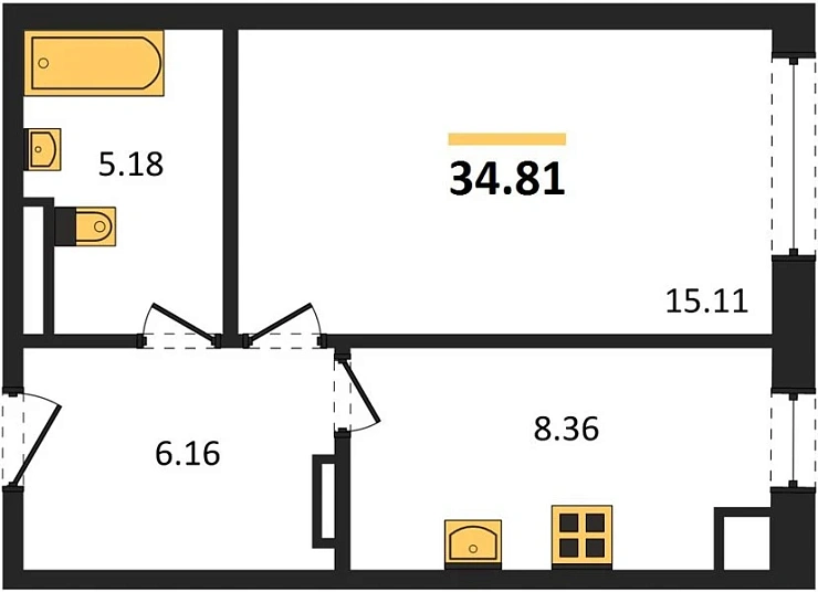 Квартира 1-комн. 34.81 кв. м