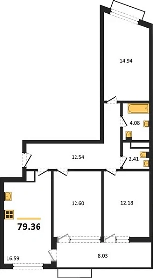 Квартира 3-комн. 79.36 кв. м