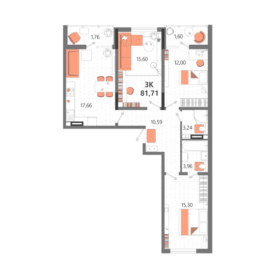Квартира 3-комн. 81.71 кв. м