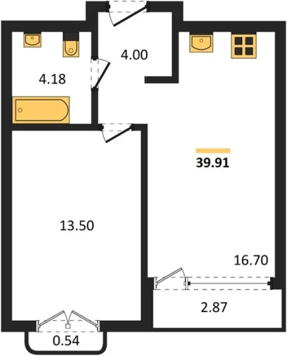 Квартира 1-комн. 39.91 кв. м