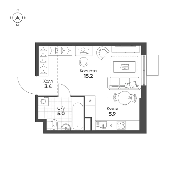 Квартира Студия 29.5 кв. м