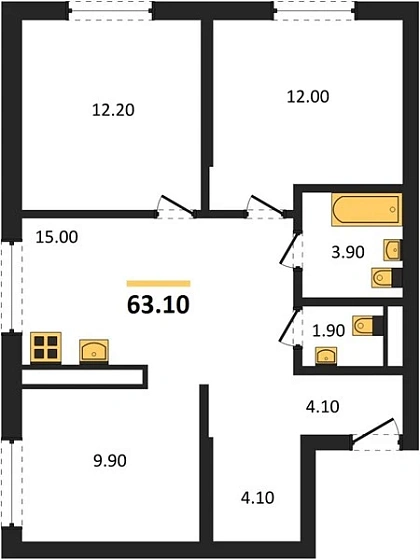 Квартира 3-комн. 63.1 кв. м