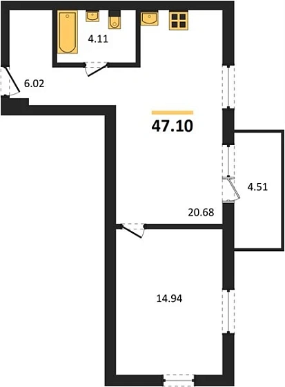 Квартира 1-комн. 47.1 кв. м