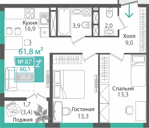 Квартира 2-комн. 60.1 кв.м