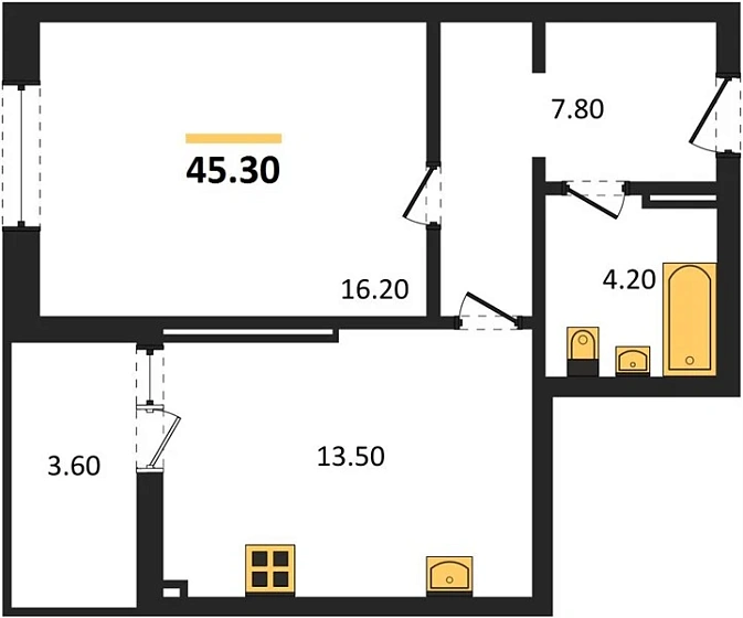Квартира 1-комн. 45.3 кв. м