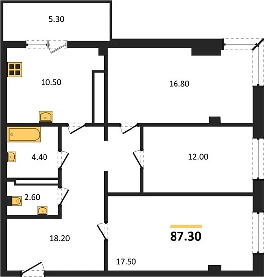 Квартира 3-комн. 87.3 кв. м