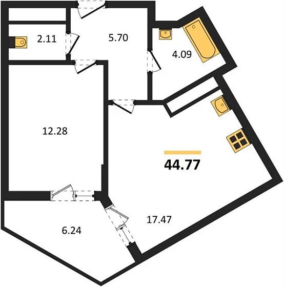Квартира 1-комн. 44.77 кв. м