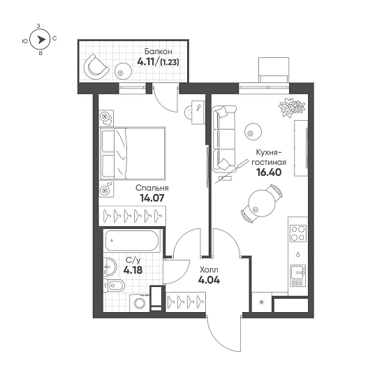 Квартира 1-комн. 39.92 кв. м