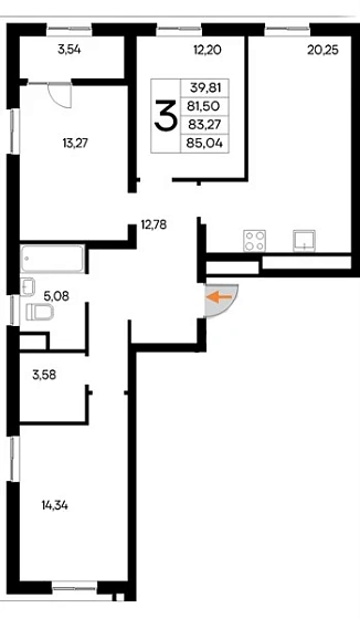 Квартира 3-комн. 85.04 кв. м