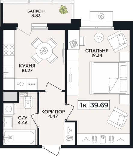 Квартира 1-комн. 39.69 кв. м