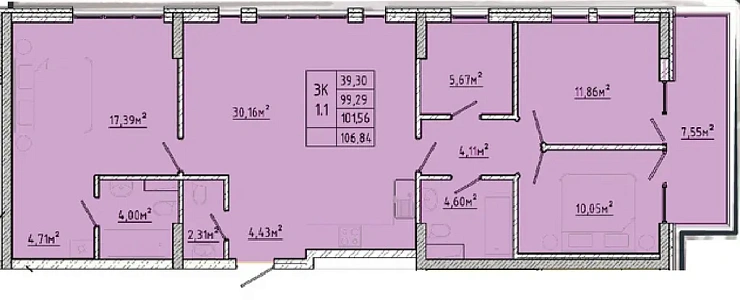 Квартира 3-комн. 101.56 кв. м