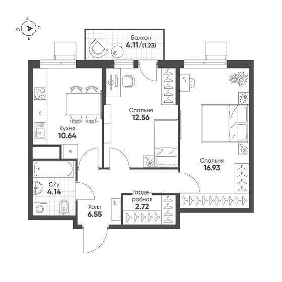 Квартира 2-комн. 54.77 кв. м